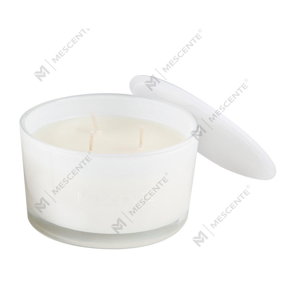 شمع معطر 100% سویا واکس شیشه ای 3 فیتیله ای لیبل خصوصی Mescente