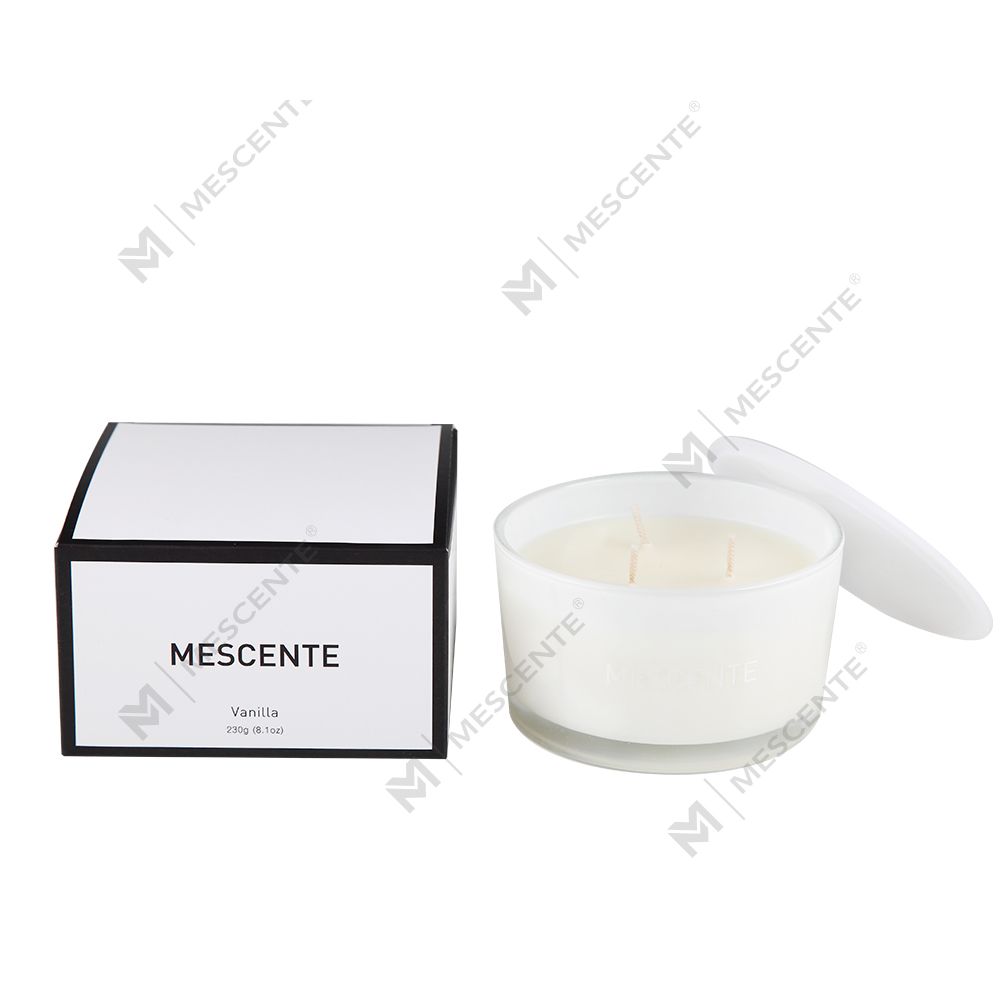 شمع معطر 100% سویا واکس شیشه ای 3 فیتیله ای لیبل خصوصی Mescente